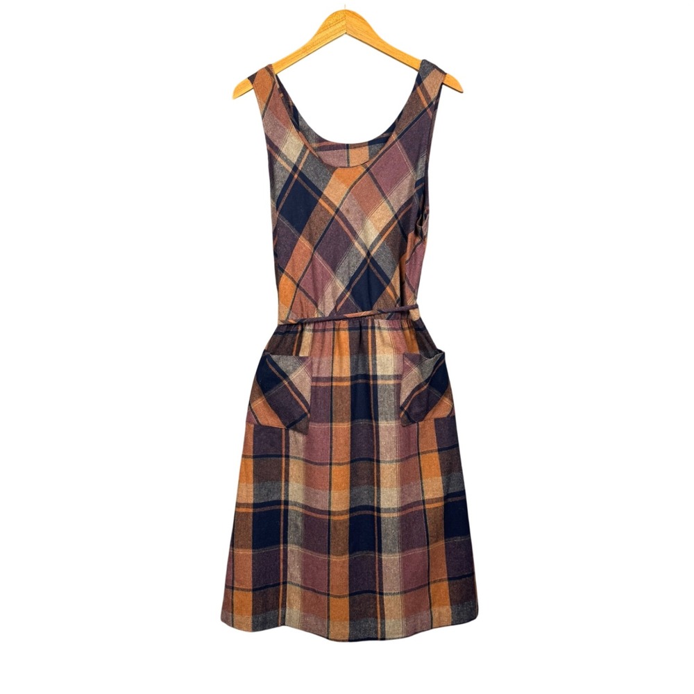 Vtg 70s Plaid Jumper Dress Womens 16 Wool Blend Pinafore Patch Pocket Cottage
